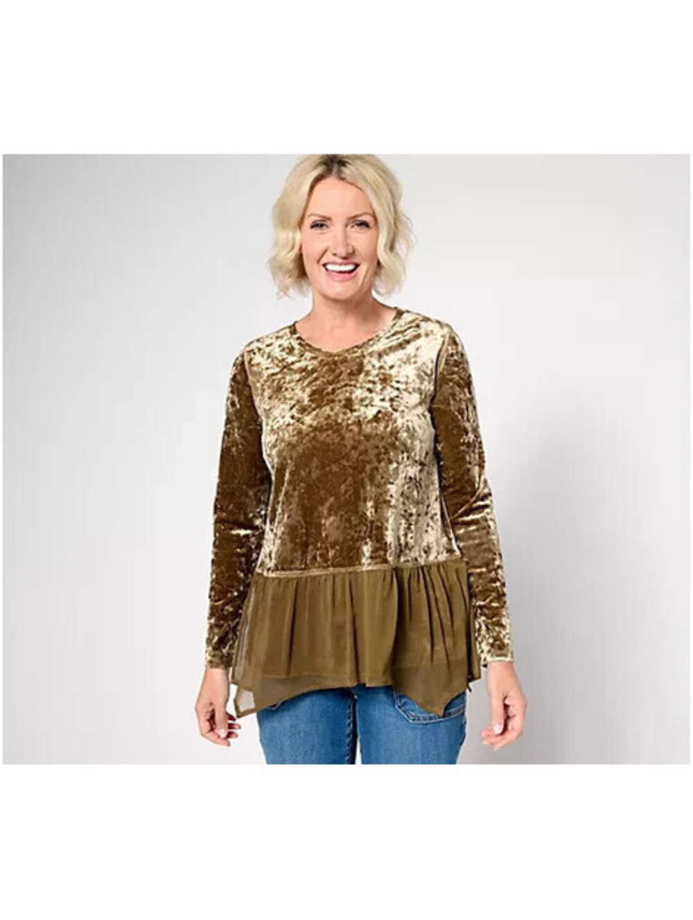 #597 LOGO by Lori Goldstein Crushed Velvet Top w/ Chiffon Hem Size S